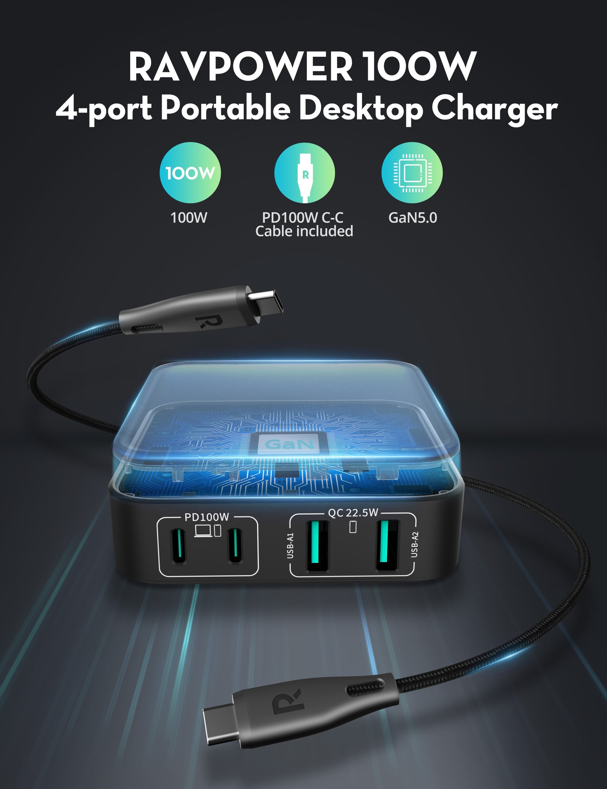 100W Desktop Charging Station – Multi-Device USB Charging Hub
