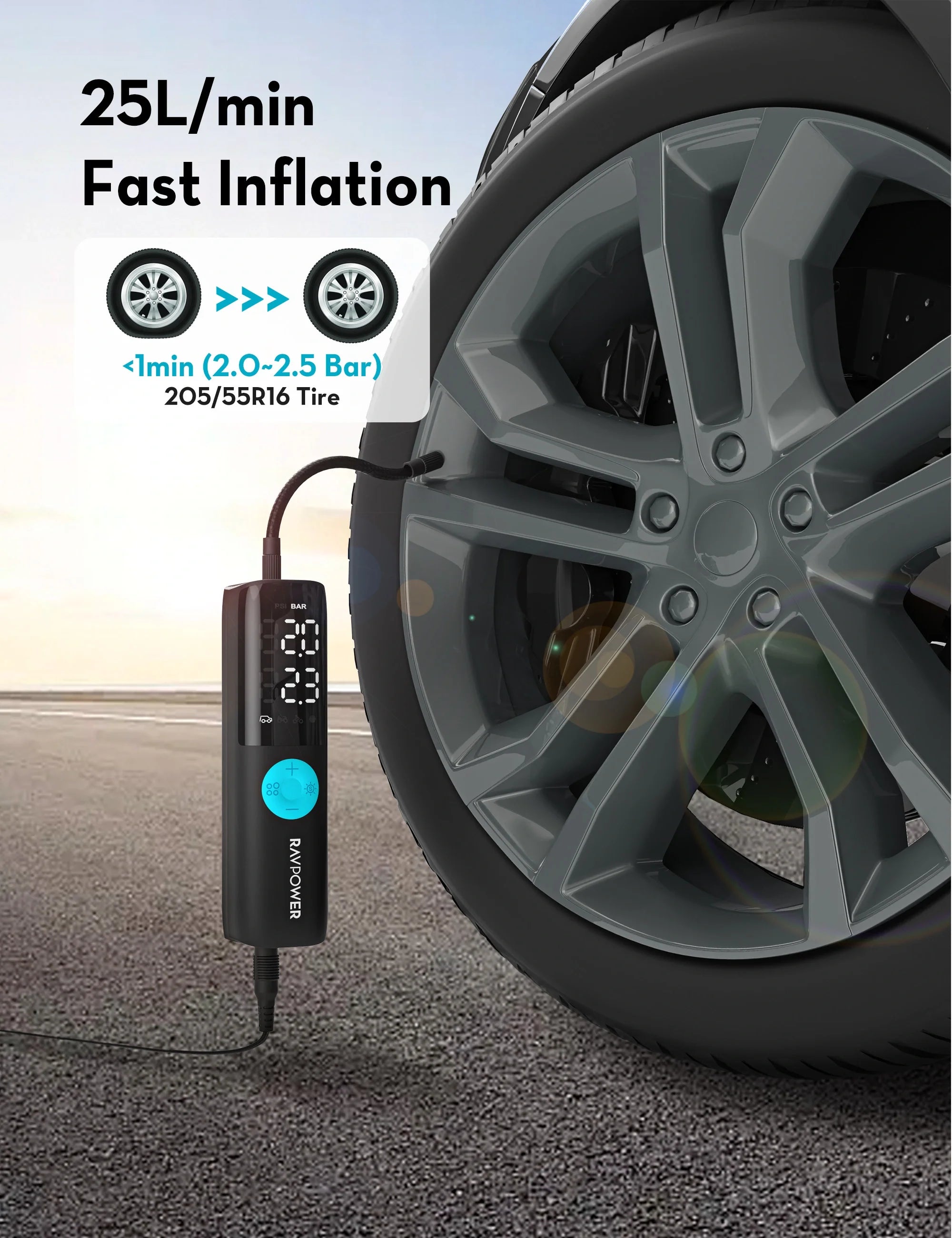 Portable Car Tire Inflator – 12V DC, Auto Shut-Off, LED Light