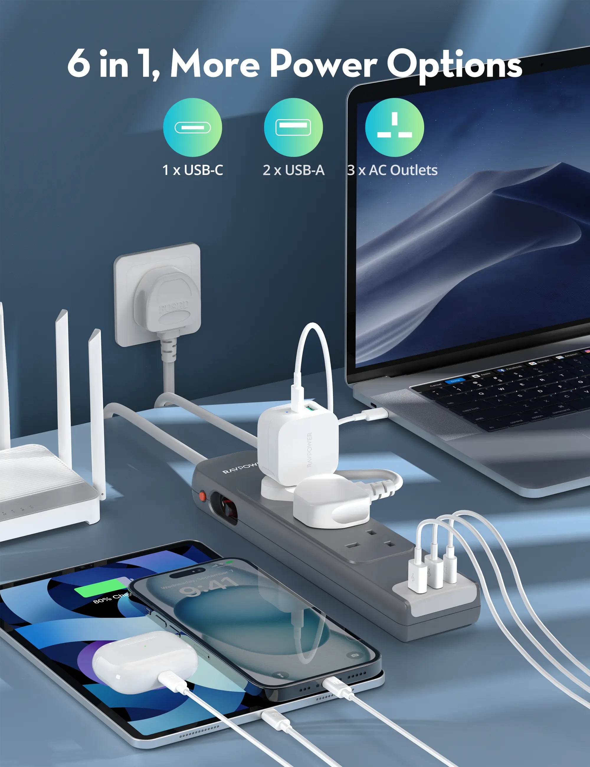 6-in-1 Power Strip with USB-C PD & USB-A Fast Charging – 3m Cable