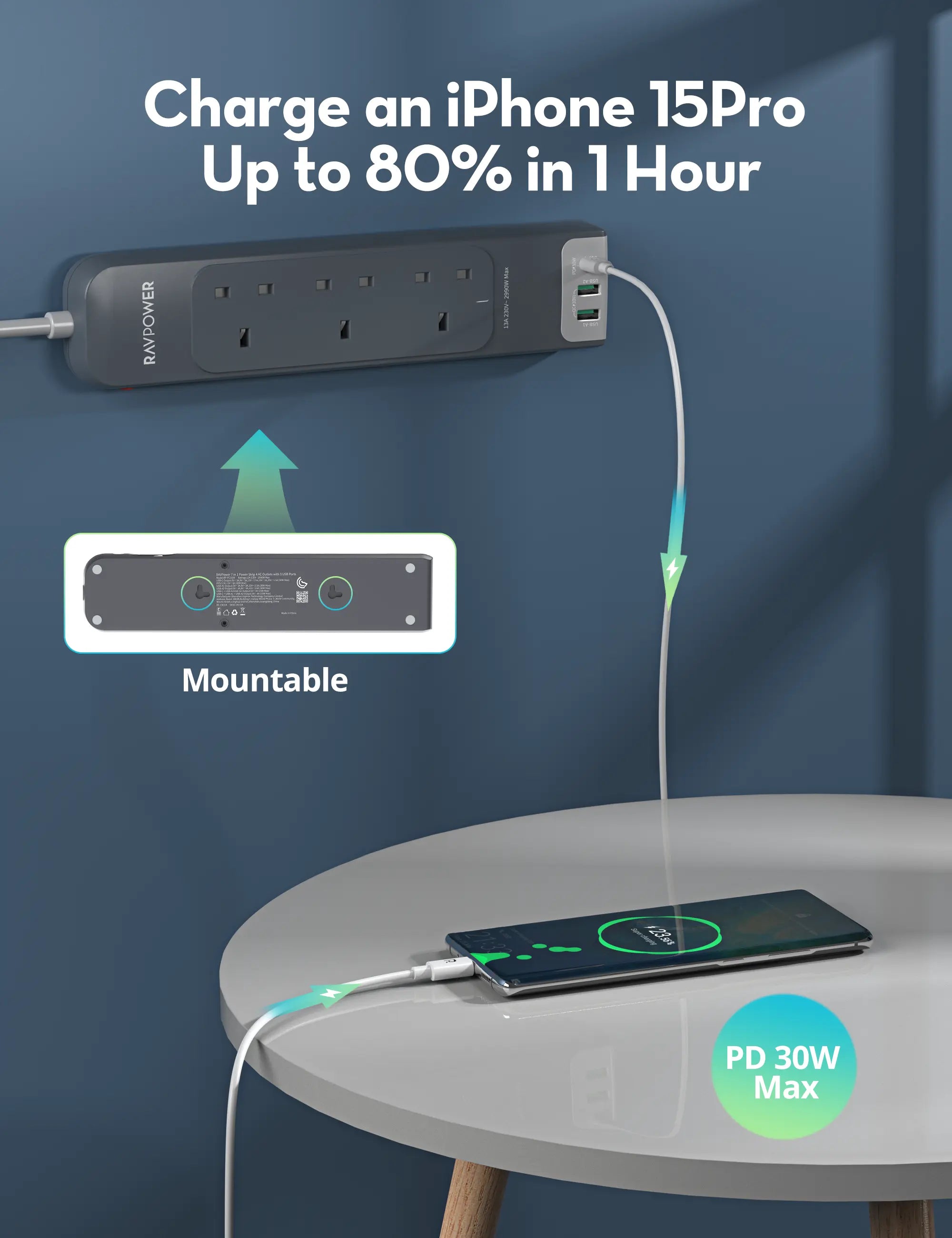 6-in-1 Power Strip with USB-C PD & USB-A Fast Charging – 3m Cable
