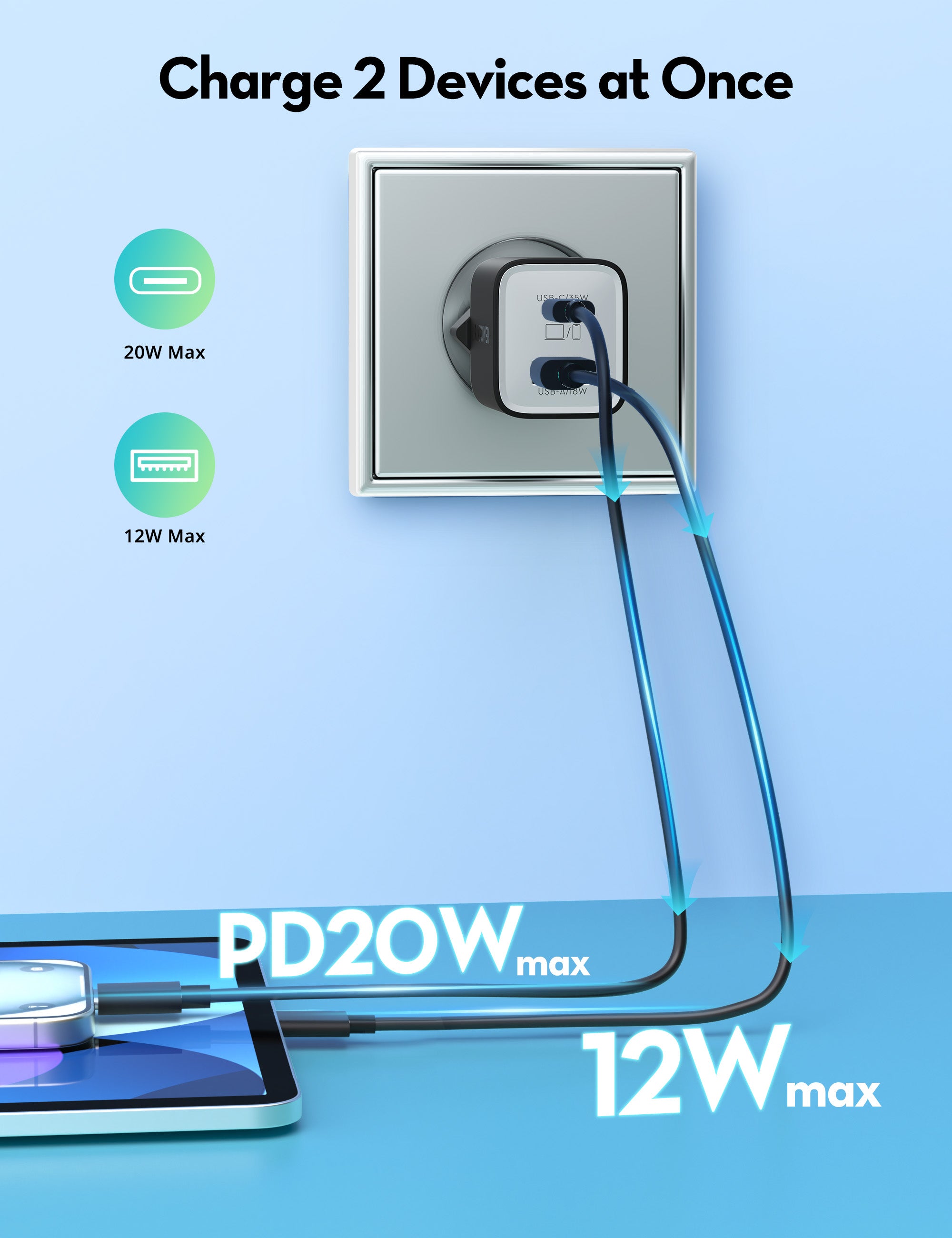 35W Dual-Port Fast Wall Charger – USB-C Power Delivery + USB-A