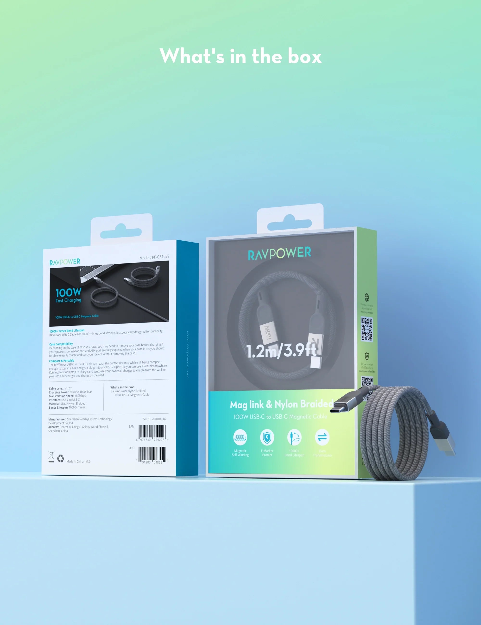 Magnetic USB-C to USB-C Fast Charging Cable – 100W Power Delivery, 1.2 Meters