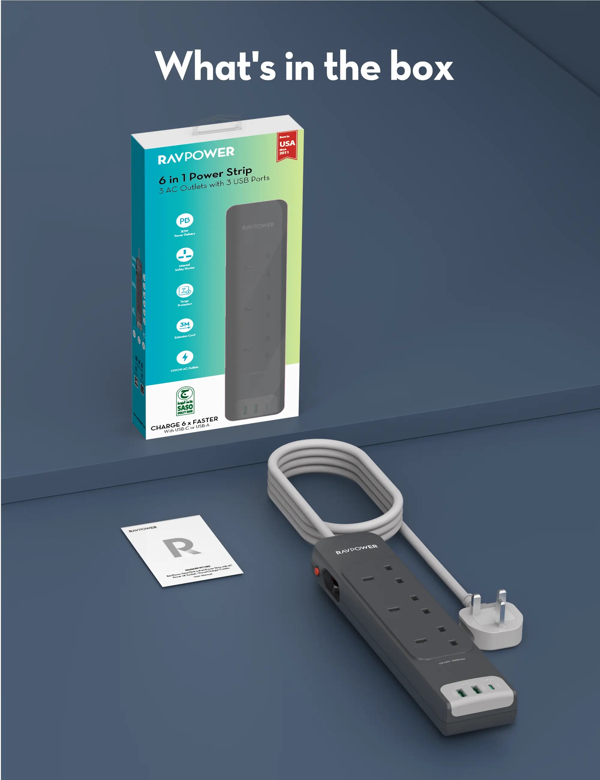 6-in-1 Power Strip with USB-C PD & USB-A Fast Charging – 3m Cable