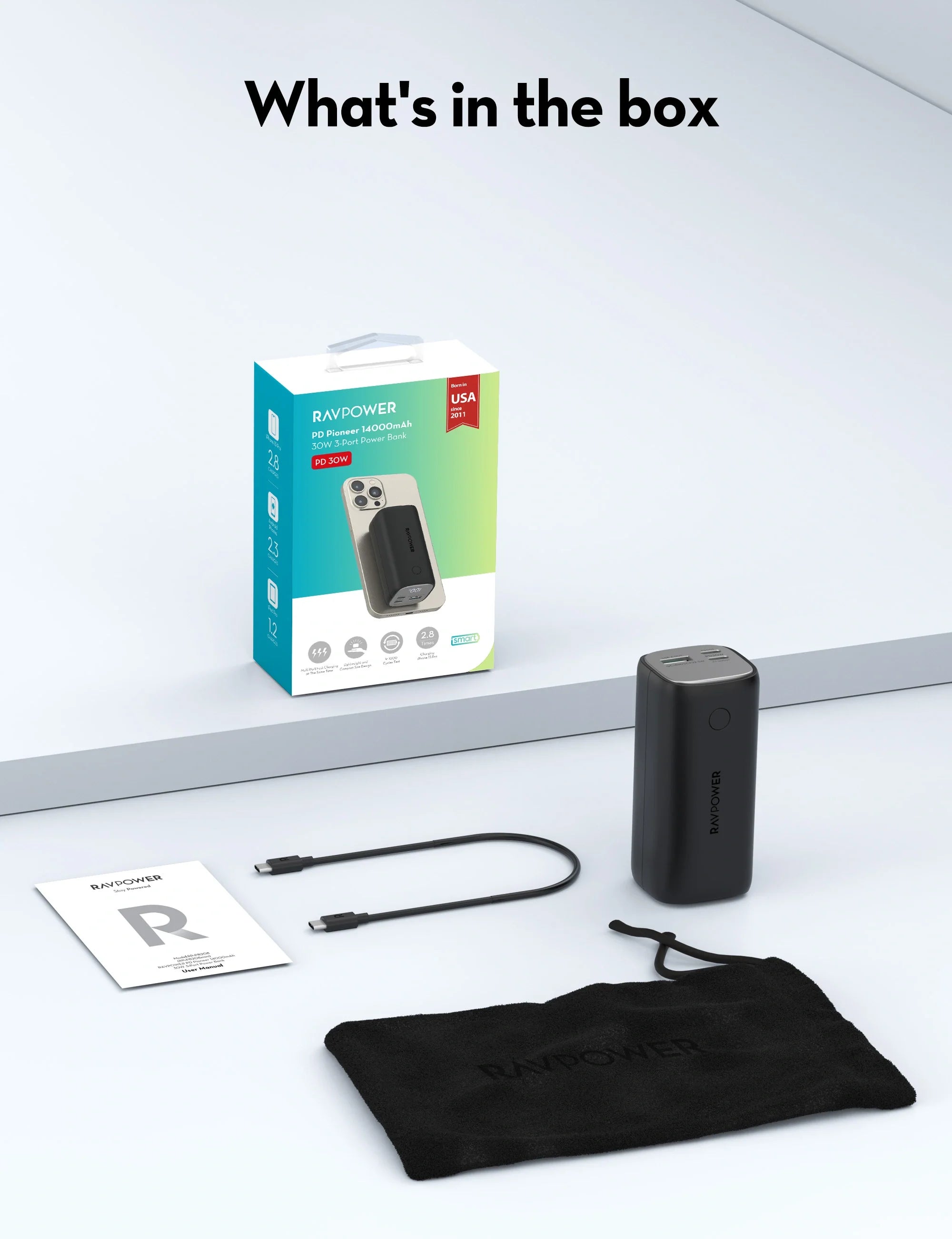 14,000mAh Compact Power Bank – 30W USB-C Fast Charging, Triple Output