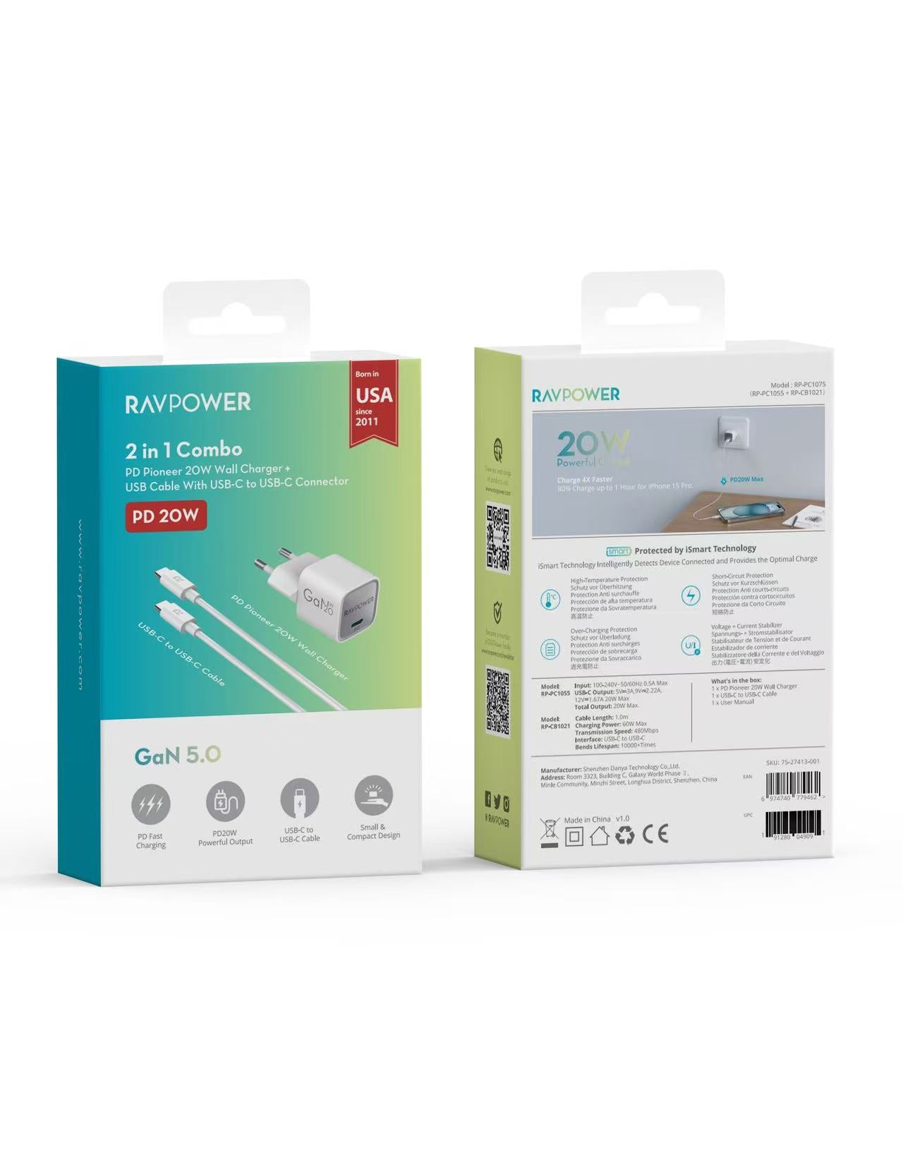 20W USB-C GaN Wall Charger + USB-C Fast Charging Cable Bundle