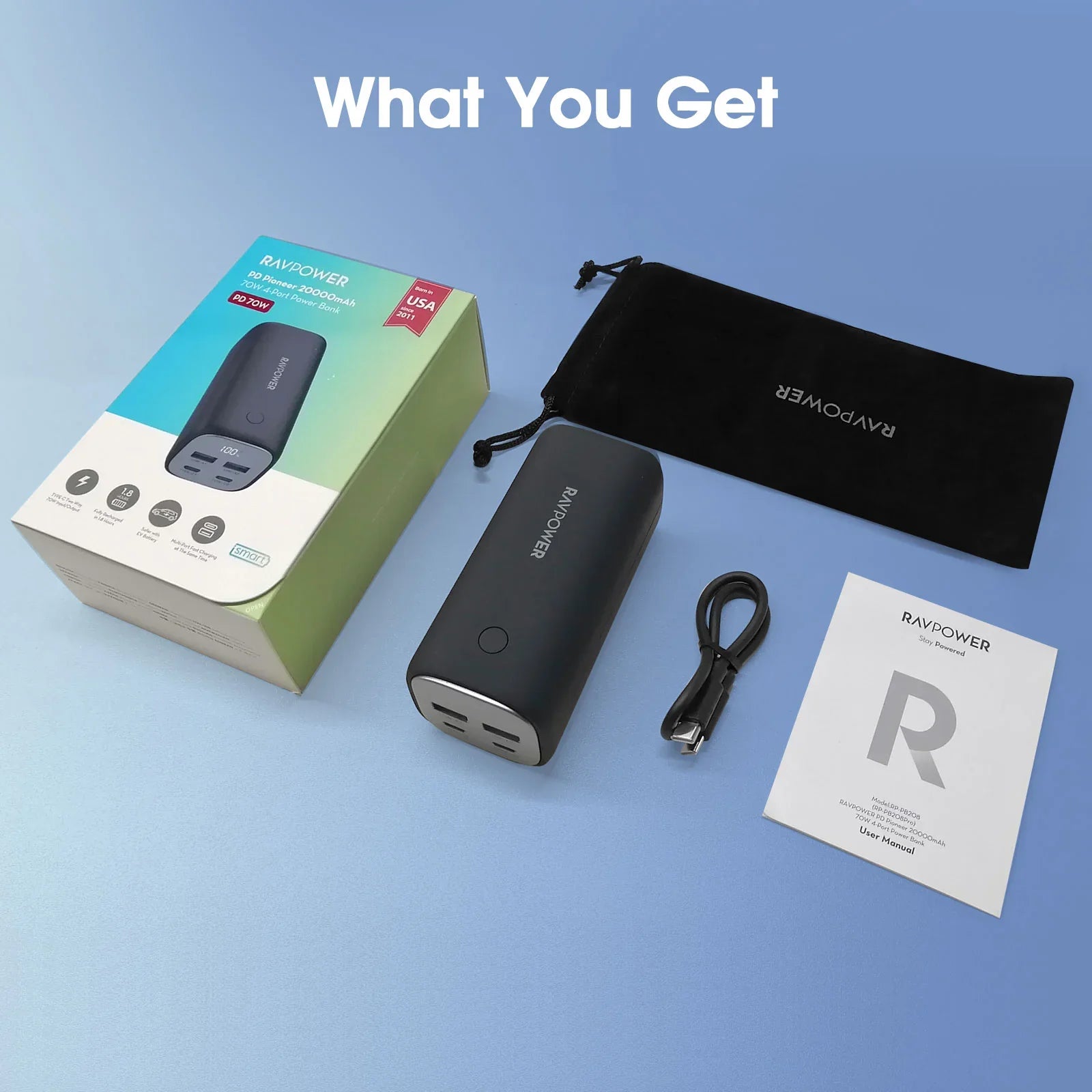 20,000mAh High-Power Power Bank – 70W USB-C PD, Quad Output