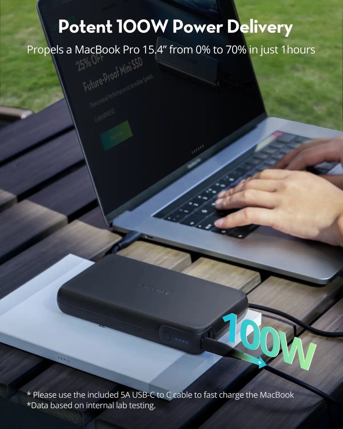 30,000mAh High-Capacity Power Bank – 100W USB-C Laptop Charging