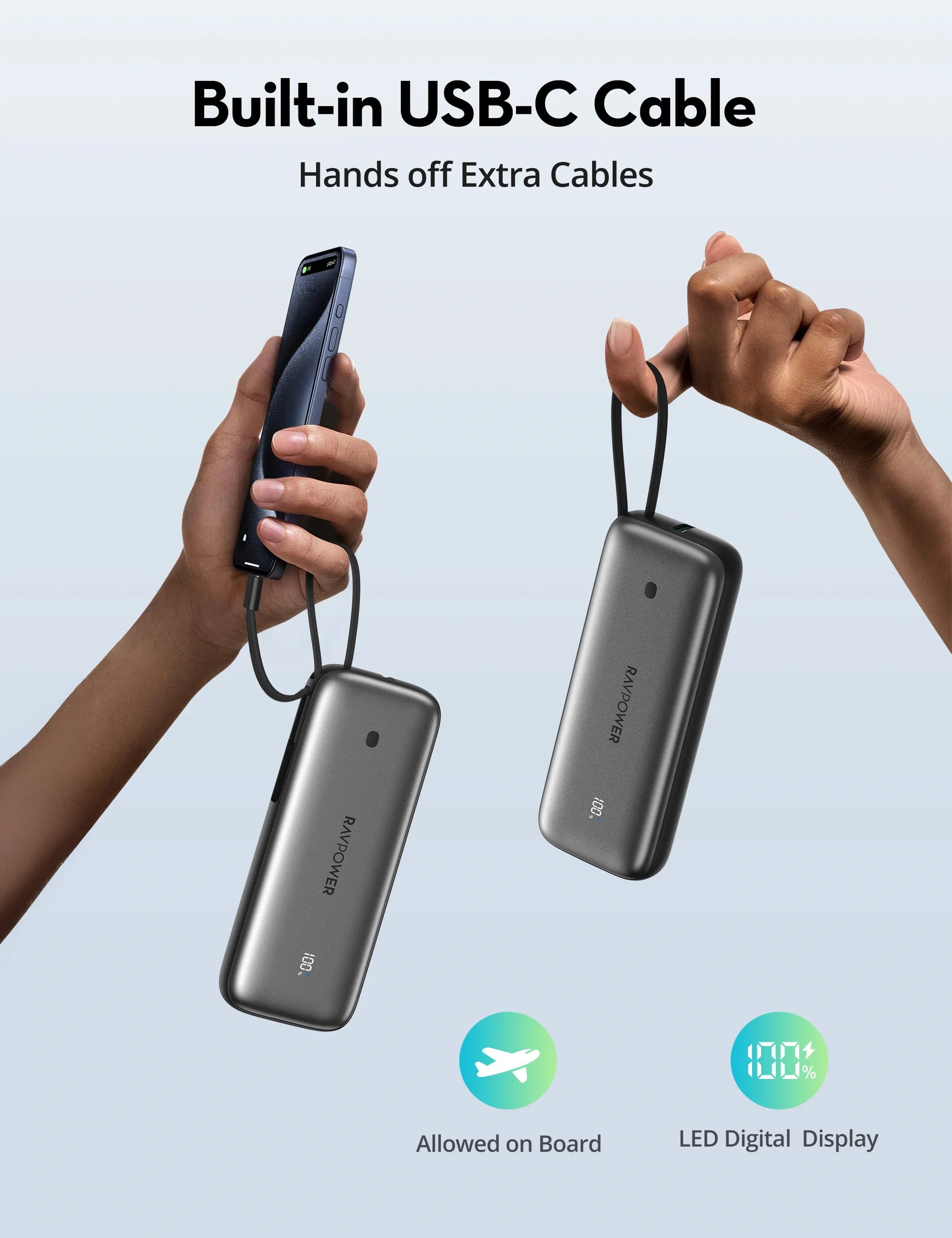 20,000mAh Fast-Charging Power Bank – 35W PD, Built-In USB-C Cable