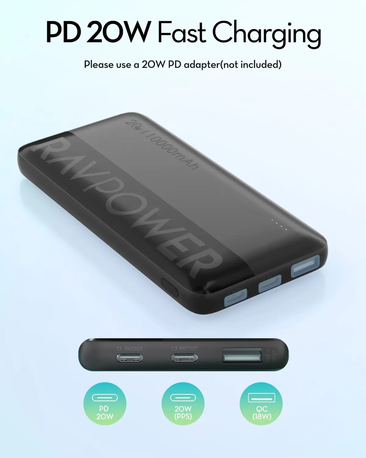 10,000mAh Fast-Charging Power Bank – Triple Output, USB-C PD & QC