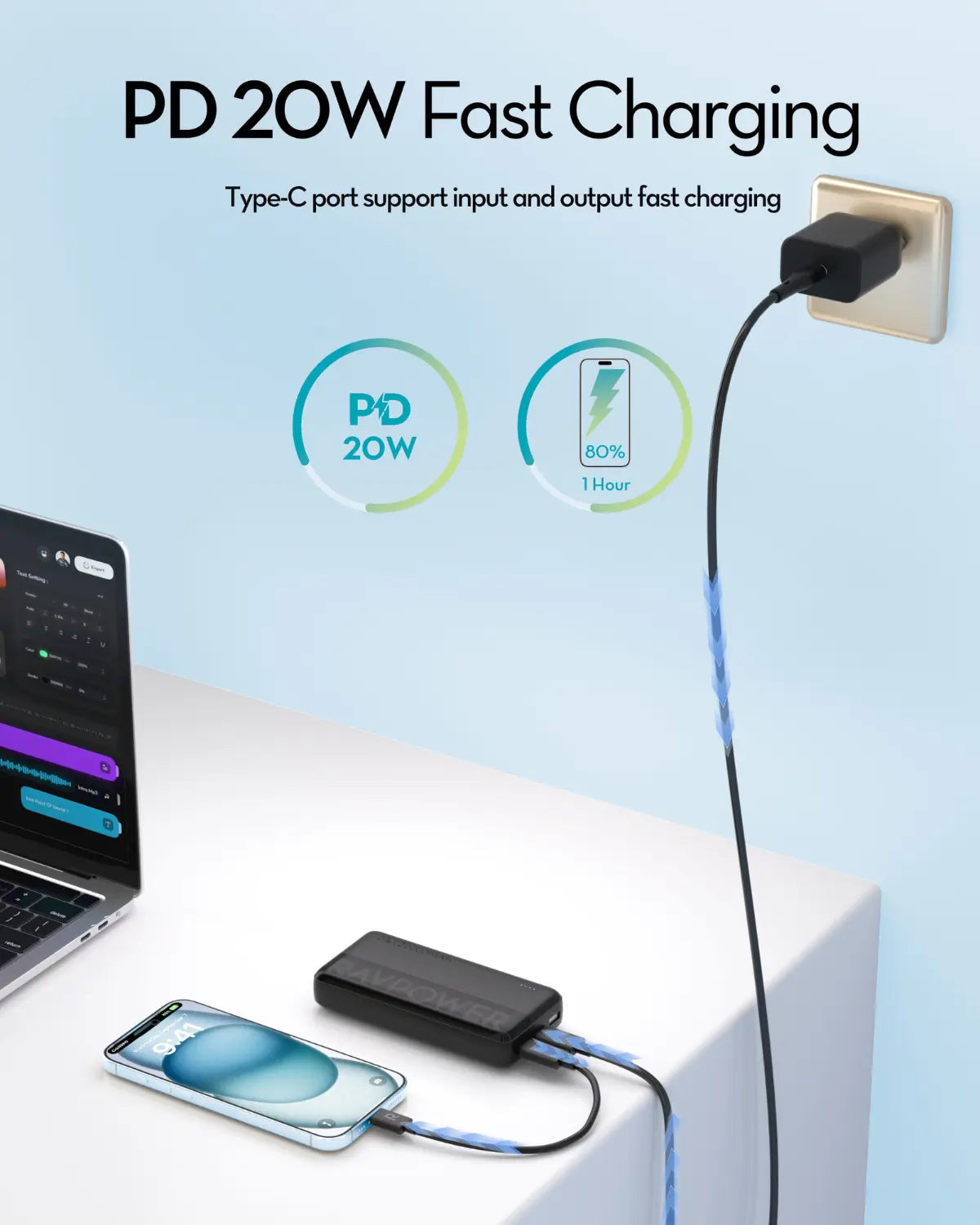 20,000mAh Fast-Charging Power Bank – Triple Output, USB-C PD & QC