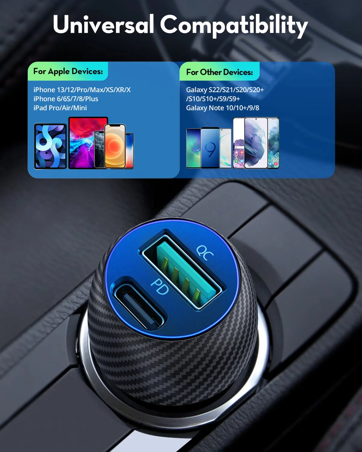 49W Dual-Port Fast Car Charger – USB-C PD & USB-A Quick Charge