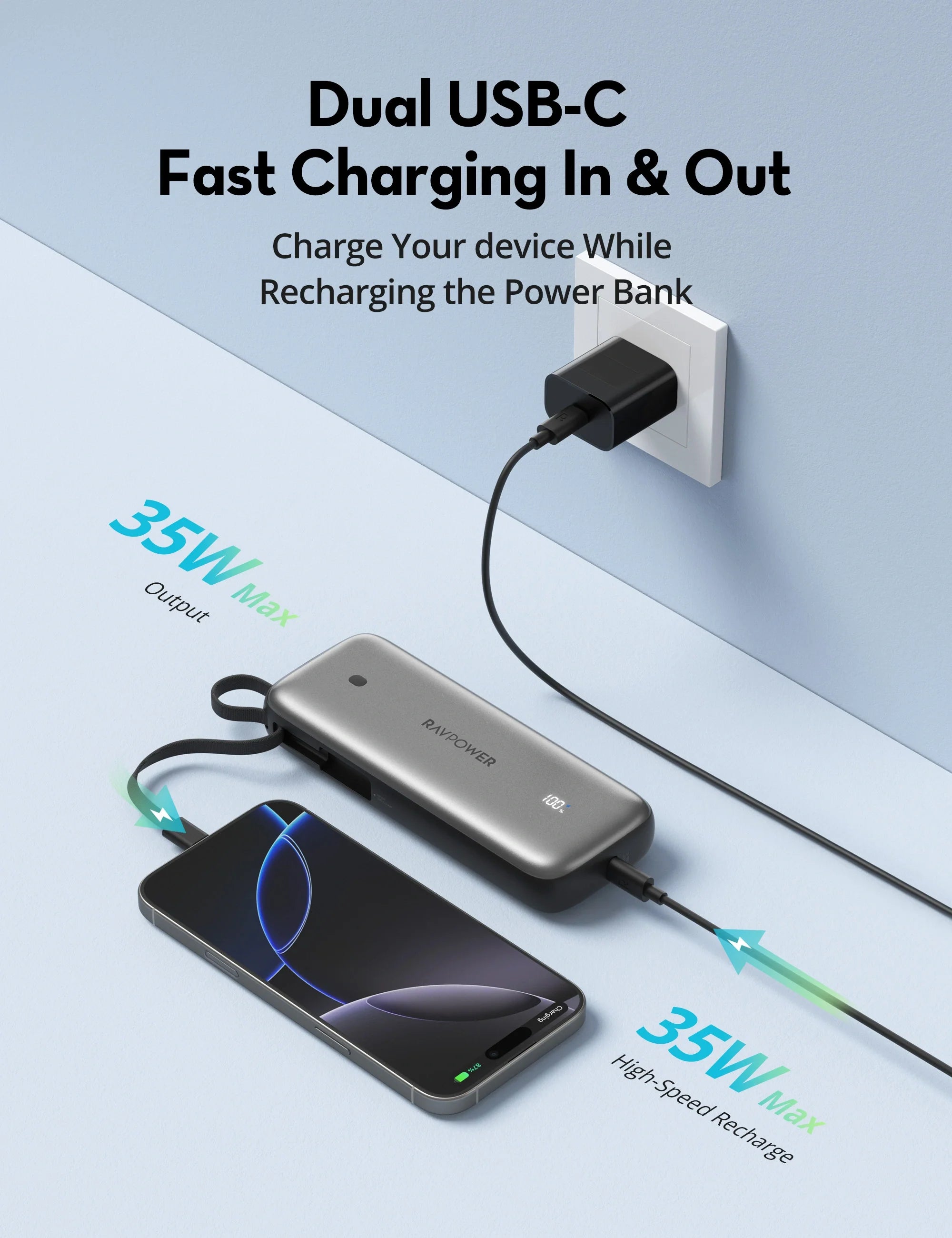 20,000mAh Fast-Charging Power Bank – 35W PD, Built-In USB-C Cable