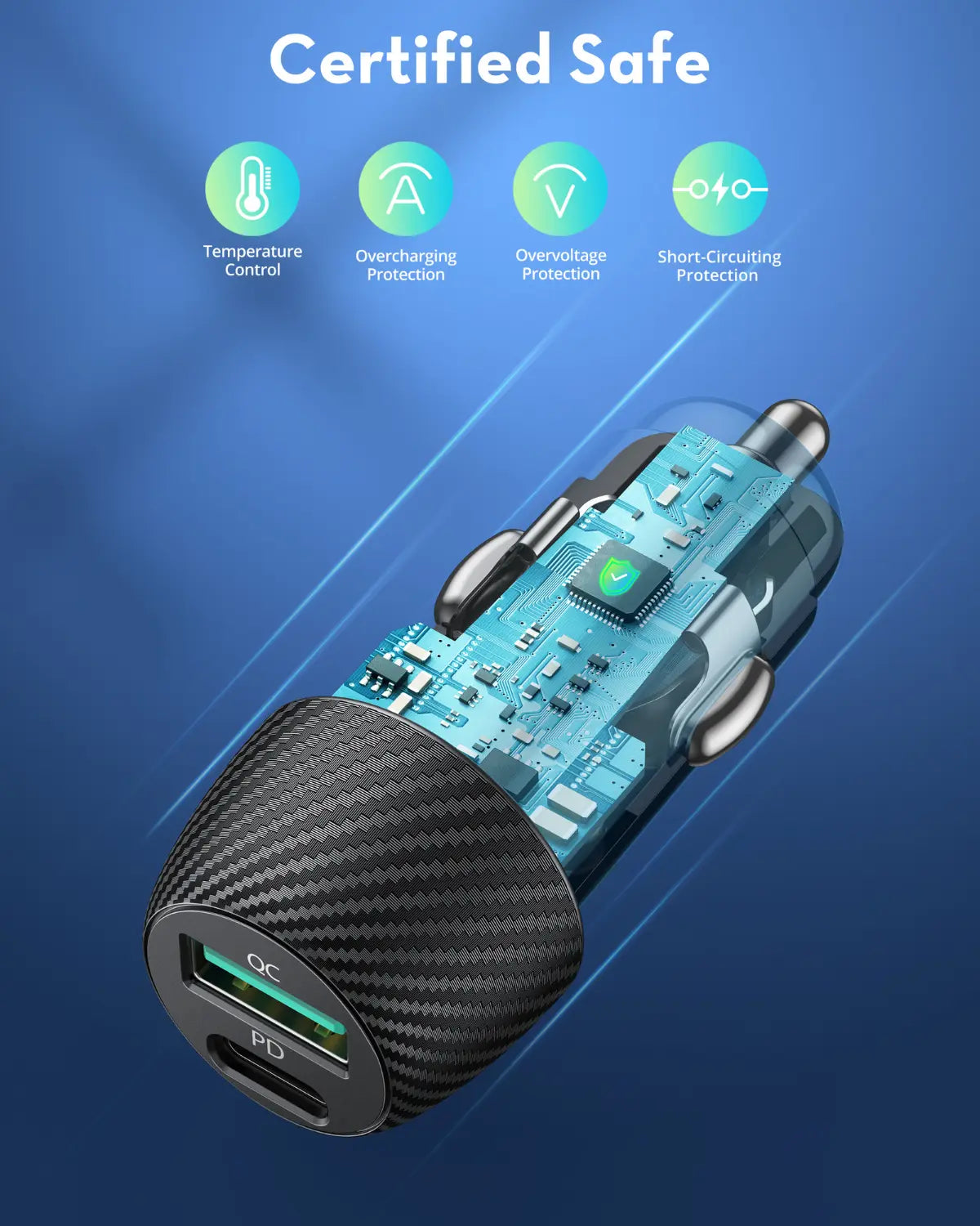 49W Dual-Port Fast Car Charger – USB-C PD & USB-A Quick Charge