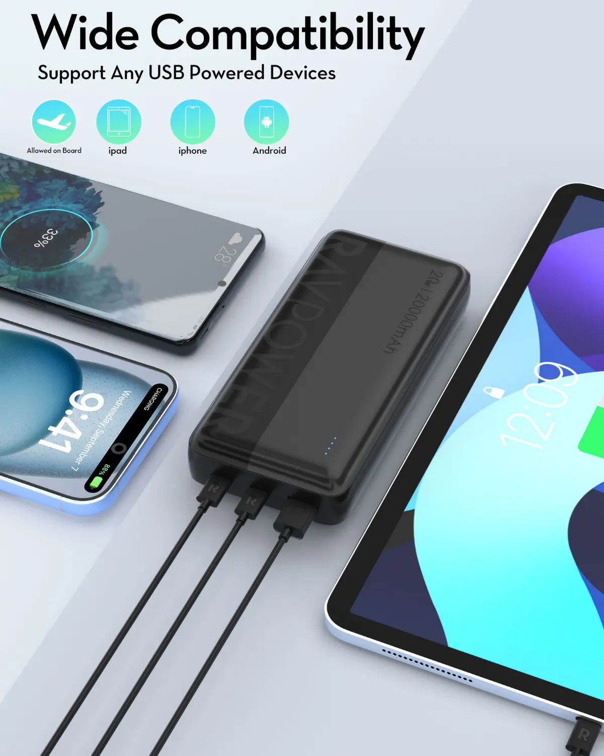 20,000mAh Fast-Charging Power Bank – Triple Output, USB-C PD & QC