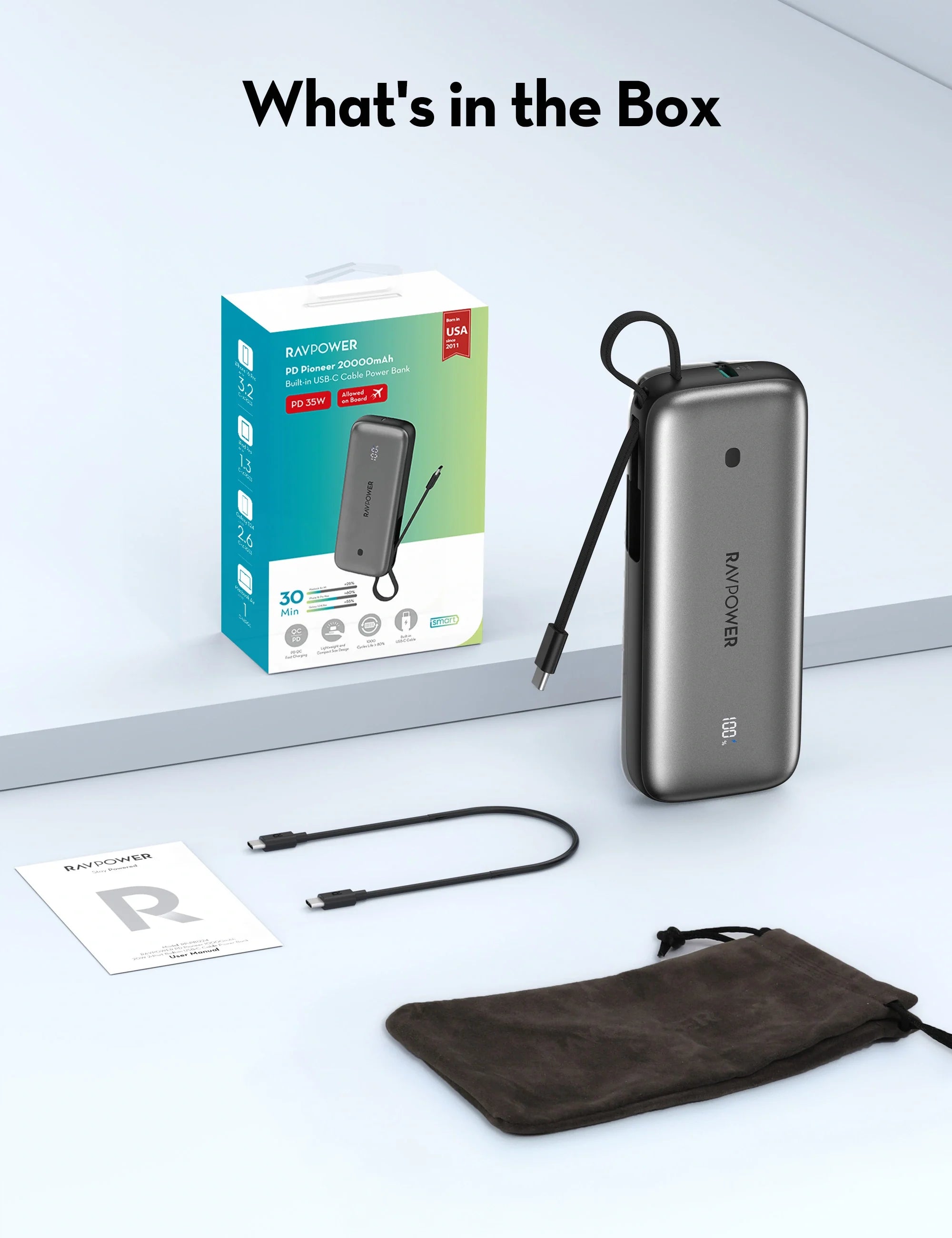 20,000mAh Fast-Charging Power Bank – 35W PD, Built-In USB-C Cable