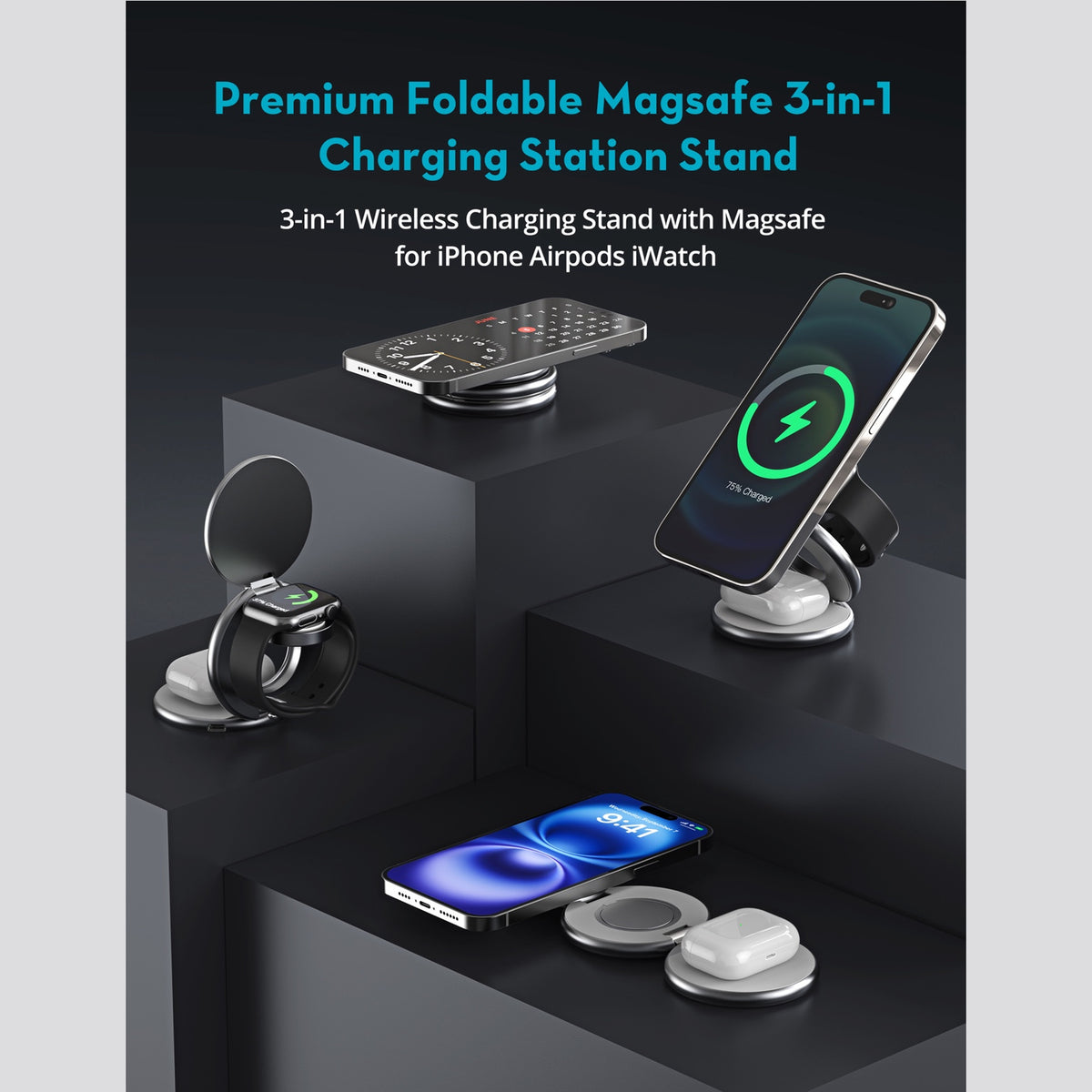 3-in-1 Magnetic Wireless Charging Station – Qi2 & MagSafe Certified